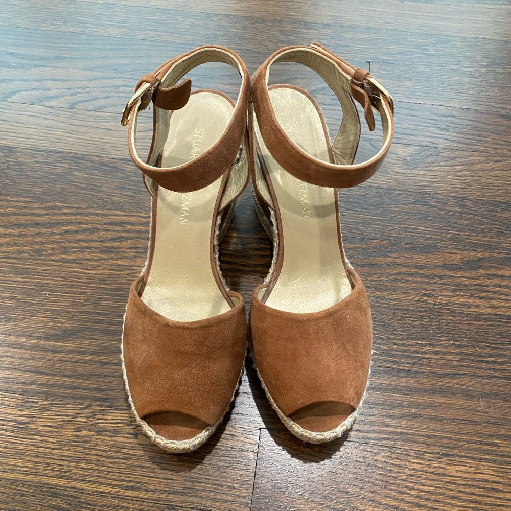 Stuart Weitzman Saddle Brown Suede Leather Espadrille Wedges Ankle Strap Sandals